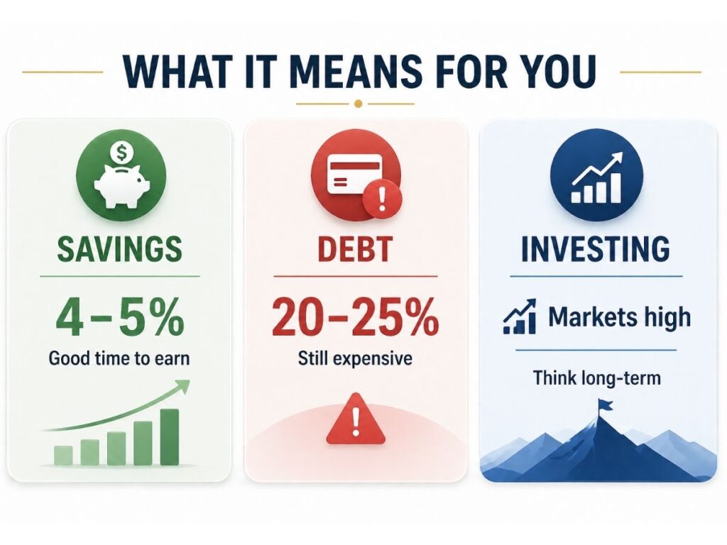 Fed interest rate impact on savings debt and investments infographic