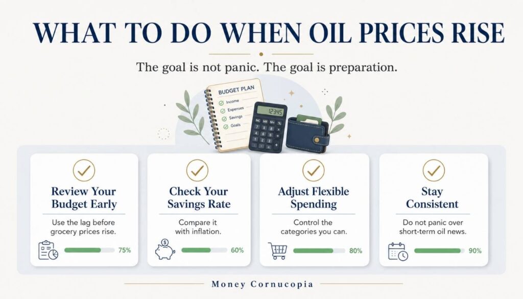 Checklist infographic showing four steps for rising oil prices: review your budget early, check your savings rate, adjust flexible spending, and stay consistent.