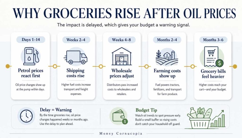 Timeline showing how petrol prices react first, then shipping costs, wholesale prices, farming costs, and finally grocery bills.