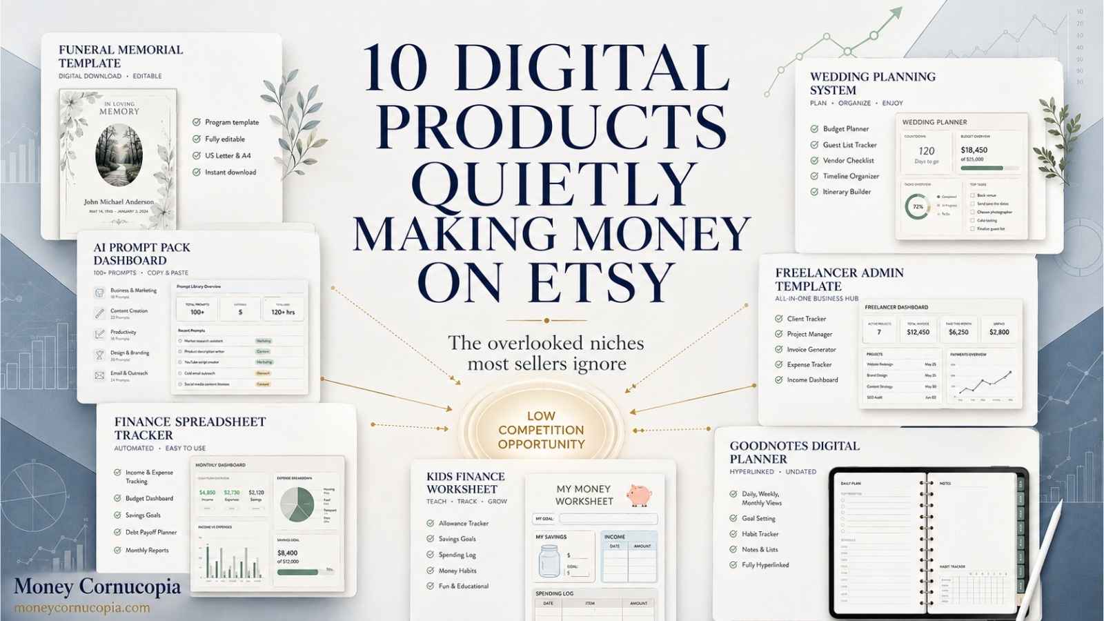 Editorial collage showing overlooked Etsy digital products including AI prompt packs, finance spreadsheets, funeral memorial templates, freelancer admin systems, wedding planners, and GoodNotes digital planners.