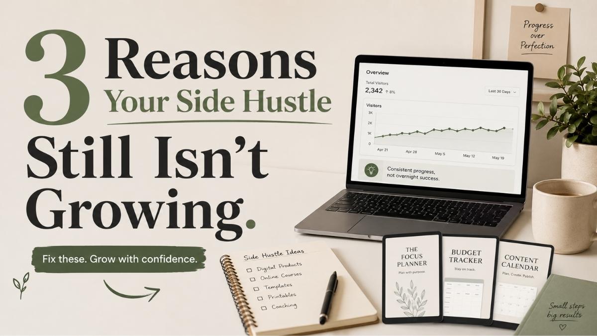 Creator looking at a laptop showing slow side hustle growth with digital products, blog content, and Pinterest analytics on the desk.
