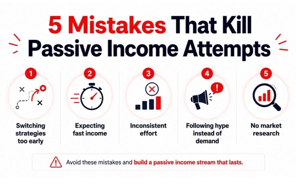 Infographic showing common mistakes beginners make with passive income strategies.