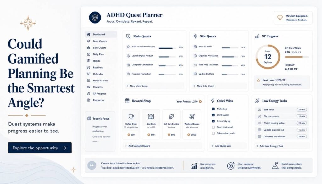 ADHD friendly Notion quest planner with main quests, side quests, XP progress, reward shop, quick wins, and low energy tasks.