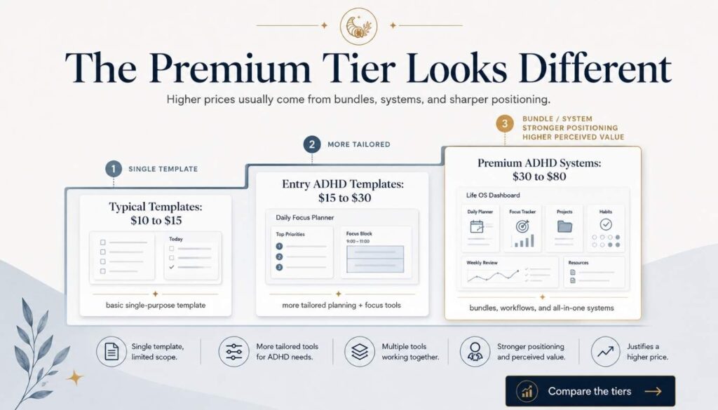 Pricing ladder comparing typical Notion templates, entry level ADHD templates, and premium ADHD Notion systems.
