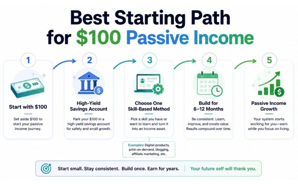 Step-by-step flowchart showing how beginners can start building passive income with $100.
