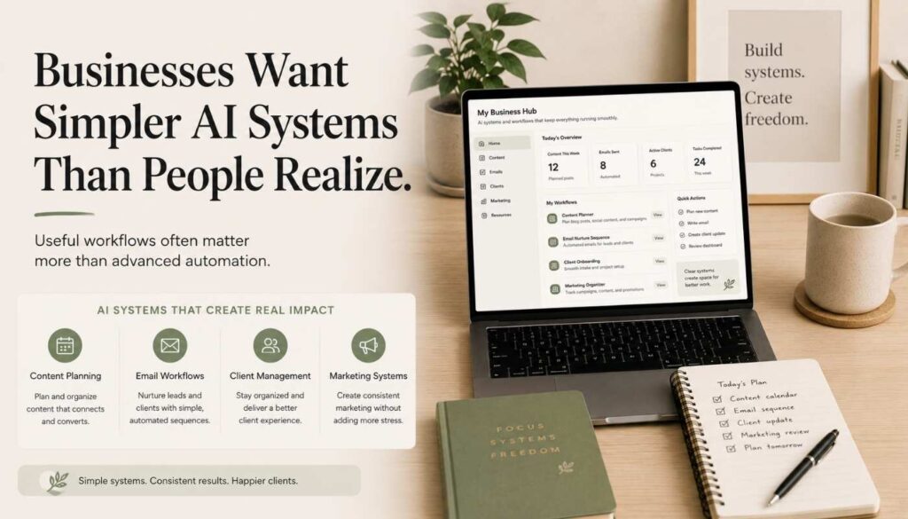 Small business owner using organized AI workflow systems to simplify repetitive content and marketing tasks.