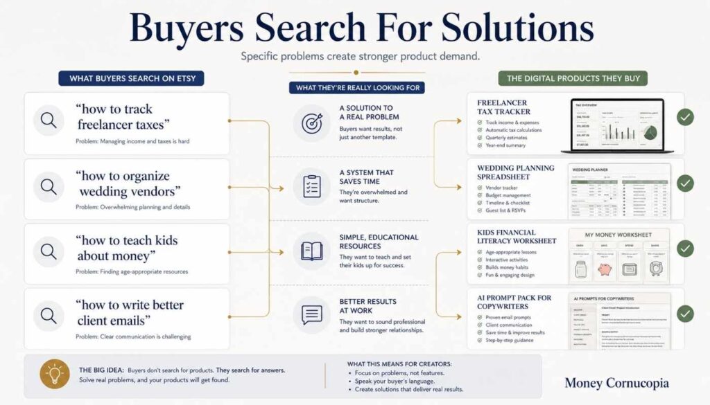 Educational flowchart showing how Etsy buyers search for solutions like freelancer tax tracking, wedding organization, and kids finance tools instead of generic products.