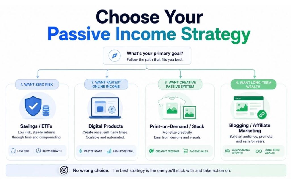 Decision-tree graphic helping beginners choose the best passive income strategy.