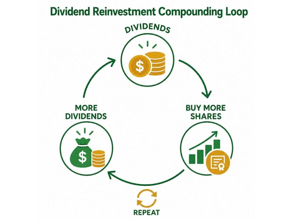 dividend reinvestment cycle showing dividends buying more shares repeatedly