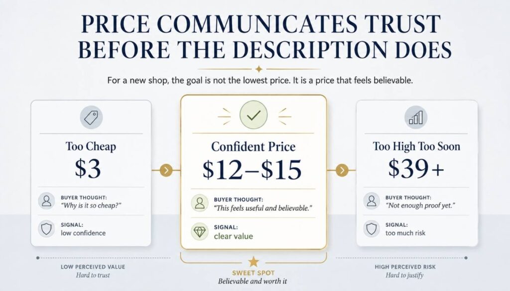 A pricing psychology graphic showing how very low prices, confident mid-range prices, and high prices can affect buyer trust in Etsy digital products.