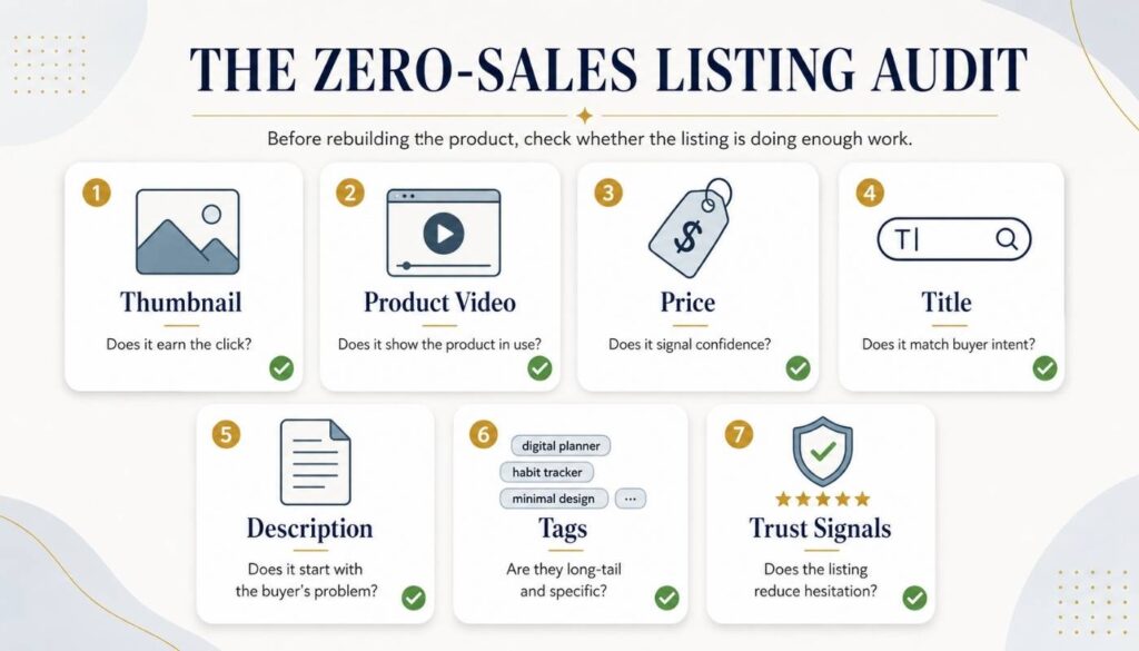 A beginner Etsy listing audit checklist showing key areas to fix, including thumbnail, product video, price, title, description, tags, and trust signals.