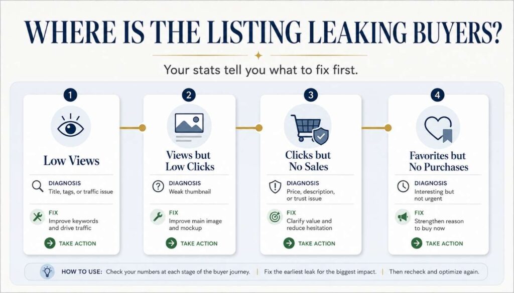 A diagnostic flowchart showing how to identify where an Etsy listing is losing buyers based on low views, low clicks, no sales, or favorites without purchases.