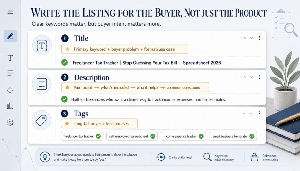 A clean optimization graphic showing how to improve an Etsy listing title, description, and tags using buyer intent, keywords, and problem-focused language.
