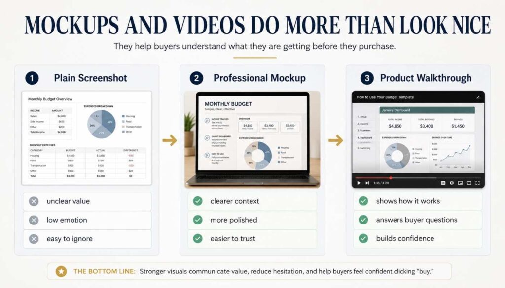 A clean infographic showing how plain screenshots, professional mockups, and product walkthrough videos affect buyer trust in Etsy digital product listings.