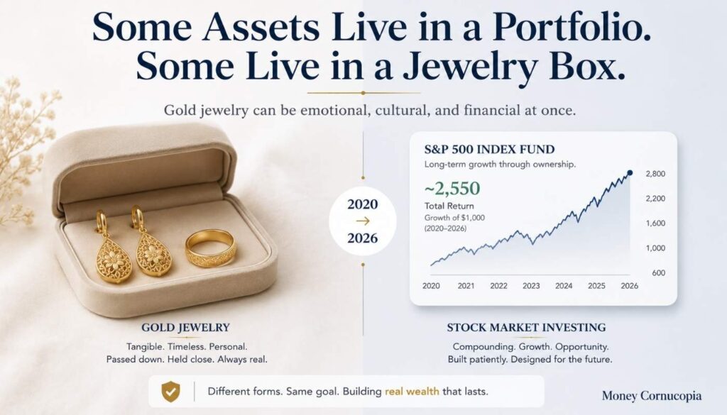 Gold earrings and a ring beside a stock market chart showing the difference between tangible gold jewelry and stock investing.