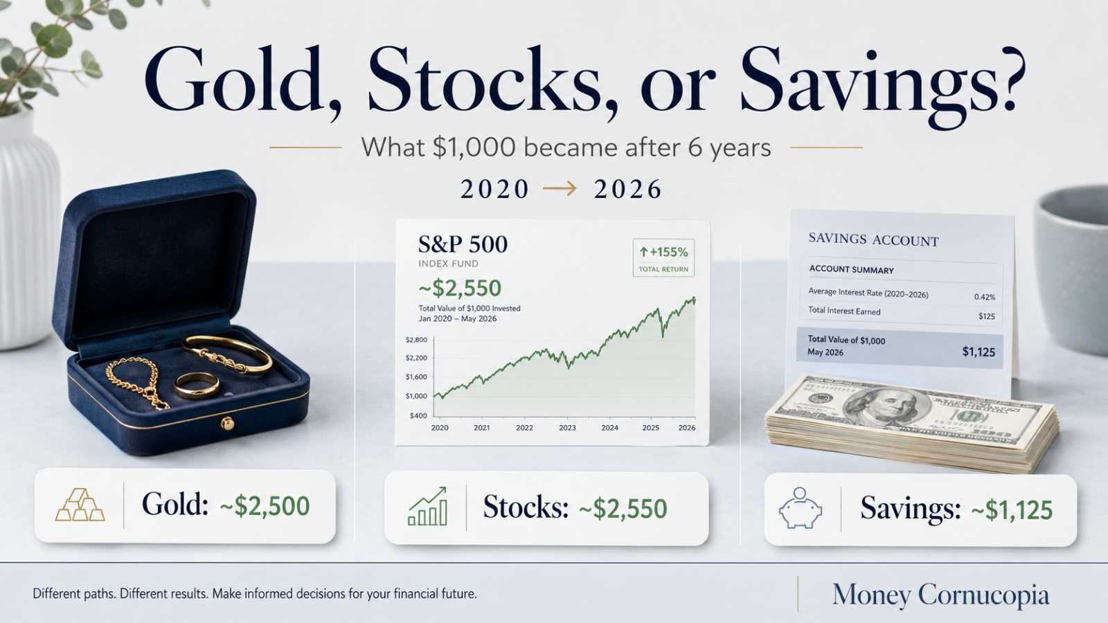 Gold jewelry, a stock market chart, and a savings account comparison showing what $1,000 became from 2020 to 2026.