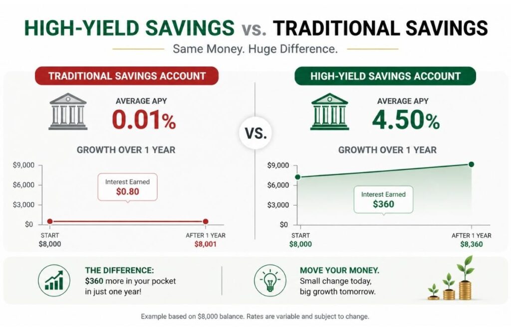 comparison chart showing 0.01 percent vs 4.5 percent savings interest earnings