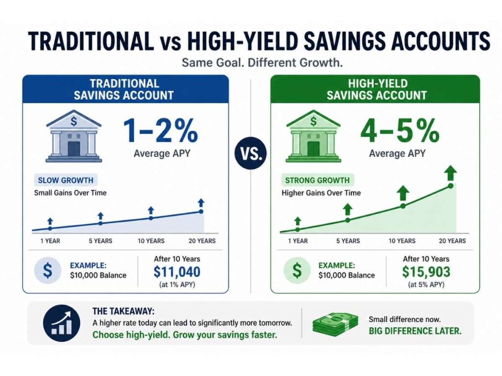 high yield savings account vs traditional savings interest rate comparison 5 percent vs 2 percent
