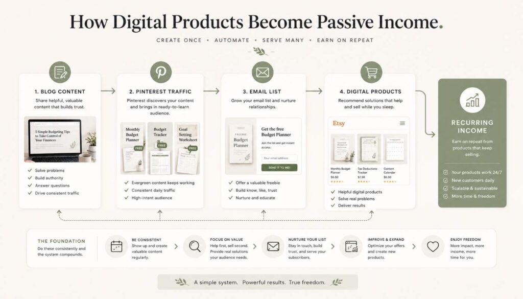 Simple visual system showing blog posts, Pinterest traffic, email lists, and digital products working together.