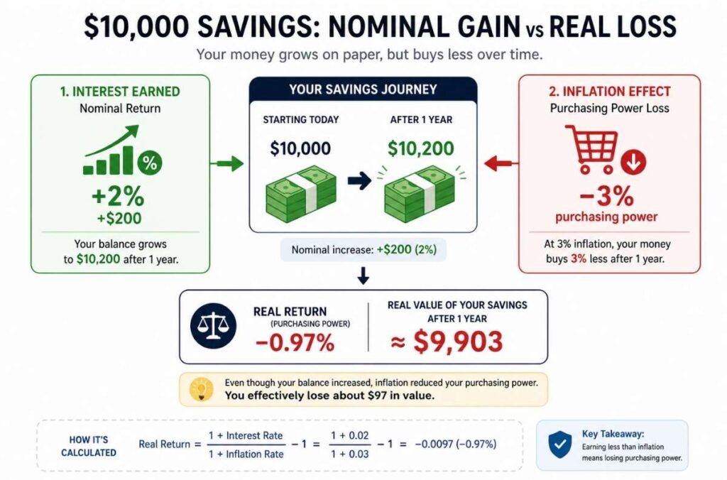 example showing inflation reducing savings value 10000 dollars losing 100 after inflation