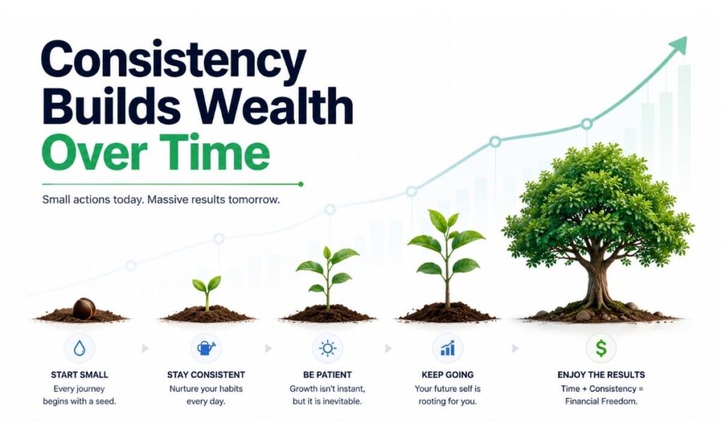Timeline showing realistic passive income growth from setup phase to compounding income.