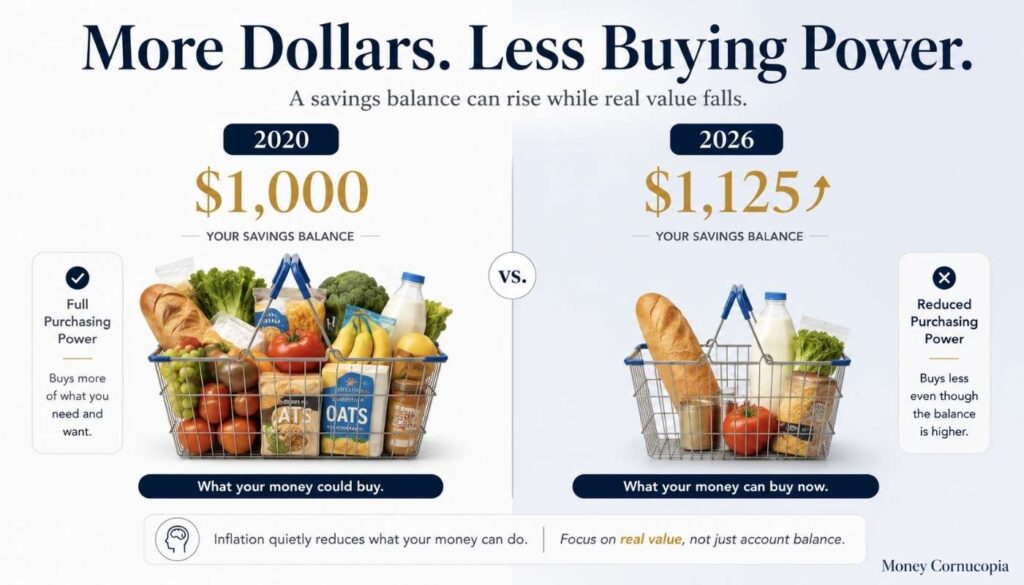 Split-screen infographic showing how $1,125 in 2026 can buy less than $1,000 bought in 2020 because of inflation.