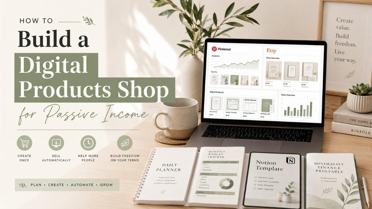 Creator building a digital products business using Etsy, Pinterest, blogging, and digital templates from a clean modern workspace.