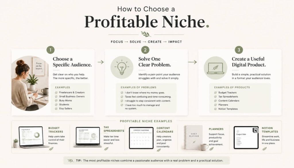 Clean infographic showing how profitable digital product niches solve specific problems for specific audiences.
