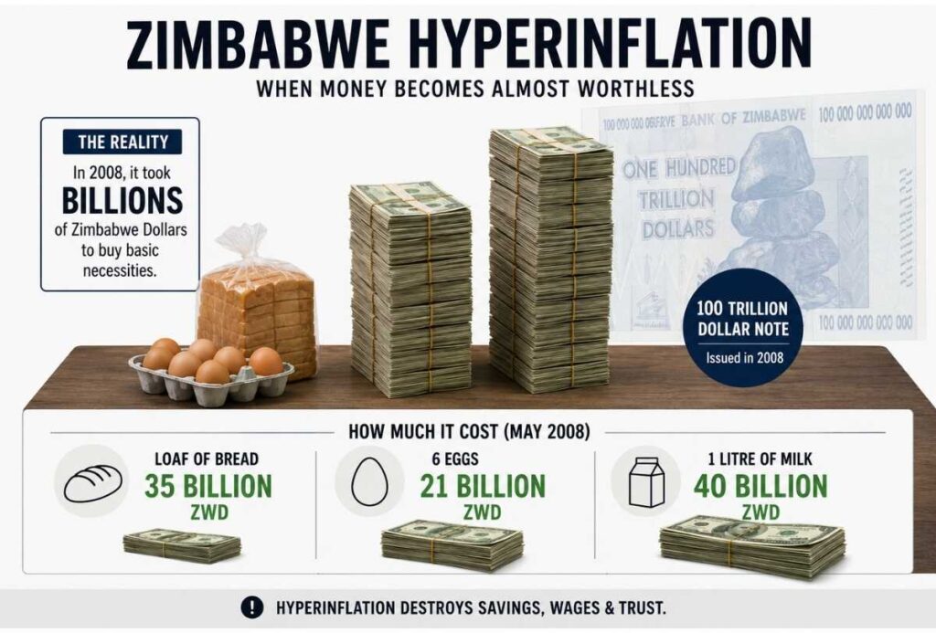 Image showing stacks of money required to buy basic food items, illustrating extreme hyperinflation in Zimbabwe.