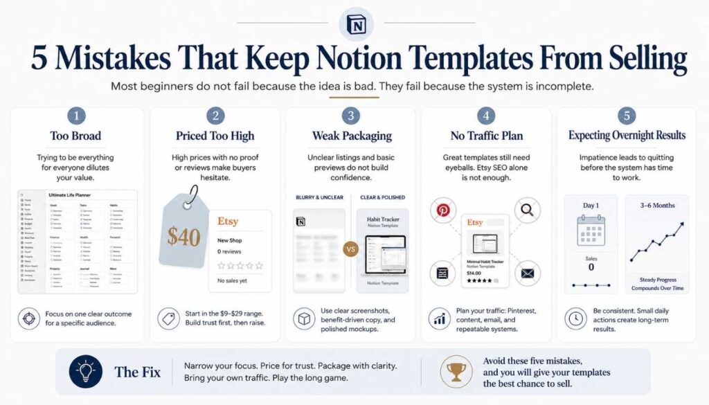 Infographic showing five beginner mistakes that keep Notion templates from selling on Etsy, including broad ideas, high pricing, weak packaging, no traffic plan, and expecting overnight results.