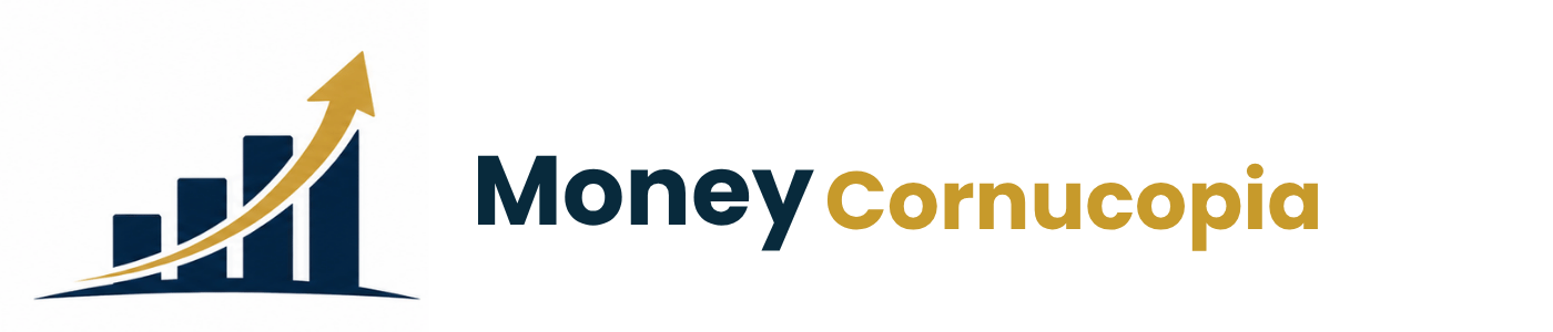 Money Cornucopia logo featuring a navy blue growth chart with a gold upward arrow and modern typography on a transparent background.