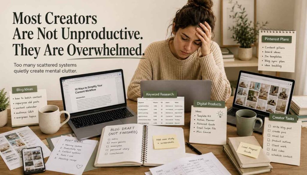 Creator overwhelmed by scattered blog drafts, Pinterest planning, keyword research, spreadsheets, and digital product ideas.