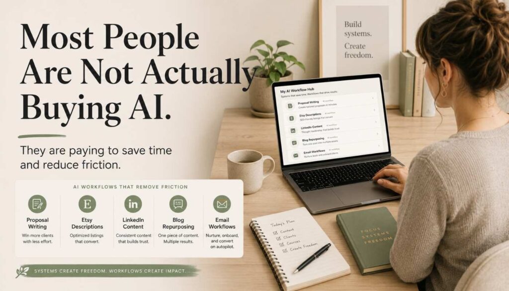 Creator using AI workflow systems to simplify repetitive tasks like content writing, proposals, and product descriptions.