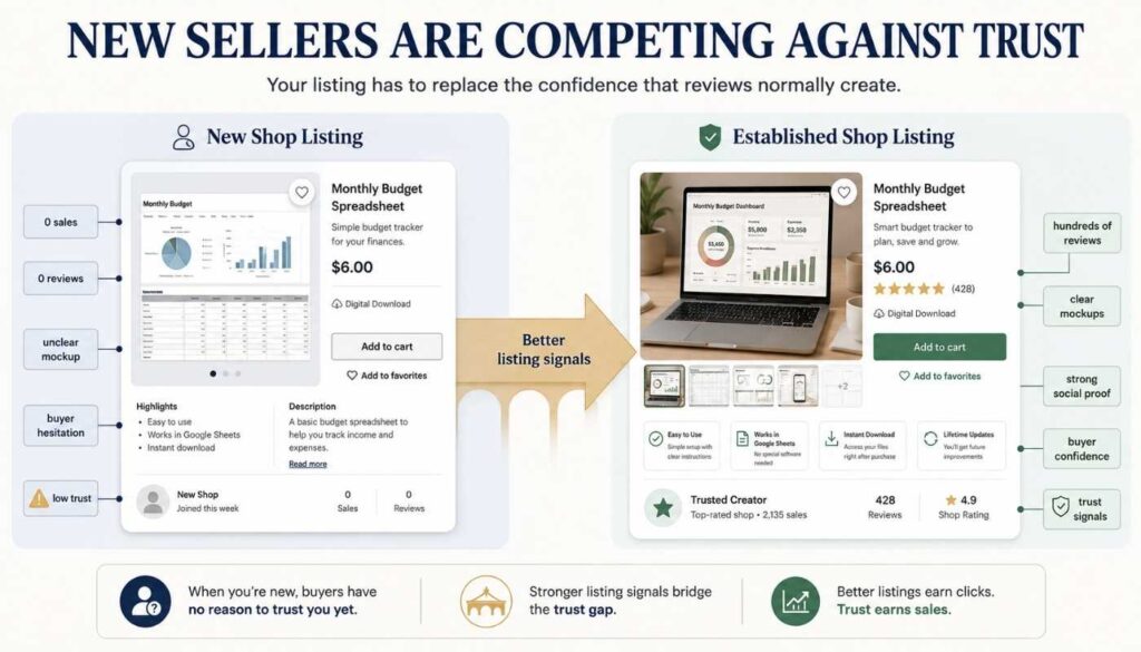 A comparison graphic showing the trust gap between a new Etsy shop with zero reviews and an established shop with stronger social proof and listing signals.