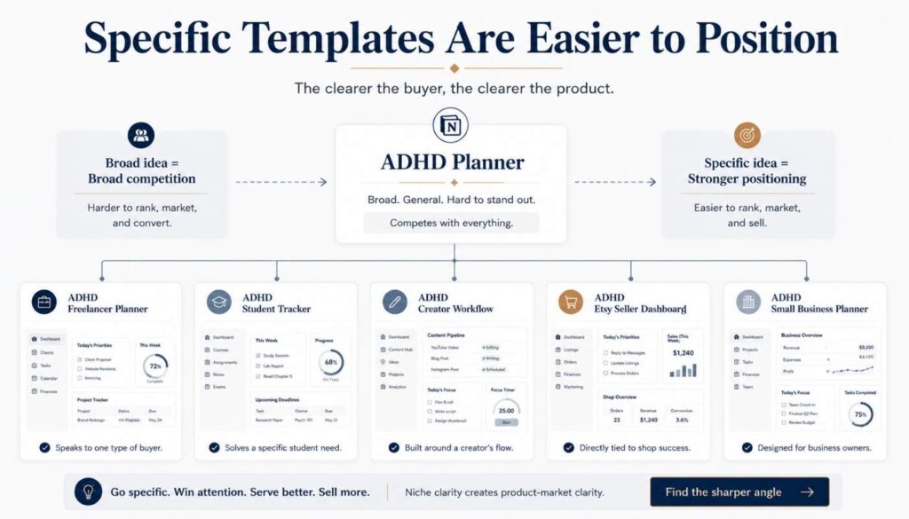 ADHD planner branching into niche Notion template ideas for freelancers, students, creators, Etsy sellers, and small business owners.