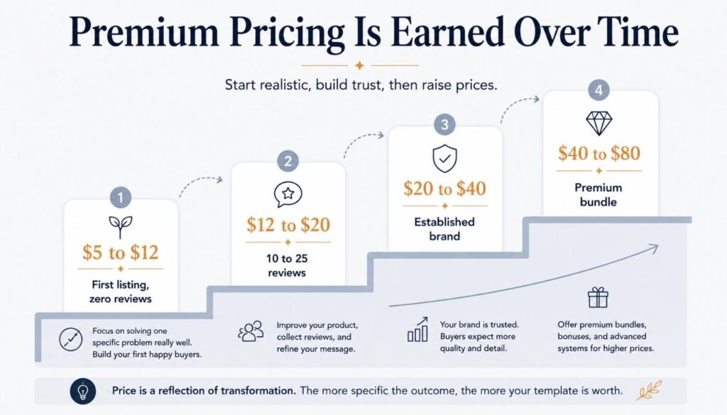 Pricing ladder infographic showing how beginner Notion template sellers can start at $5 to $12 and gradually move toward premium bundle pricing over time.