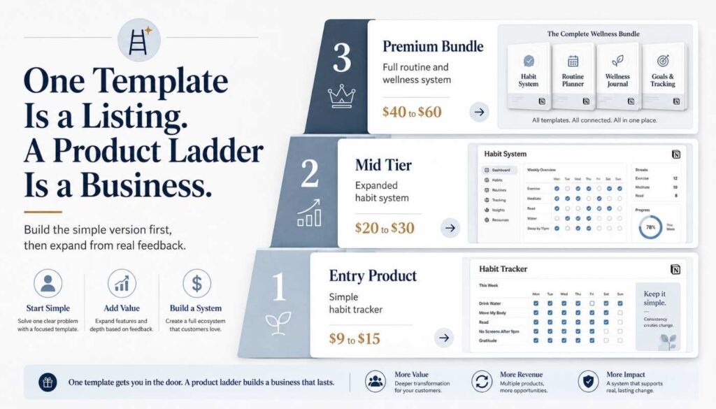 Product ladder infographic showing how a simple Notion habit tracker can expand into a mid tier habit system and a premium routine and wellness bundle.