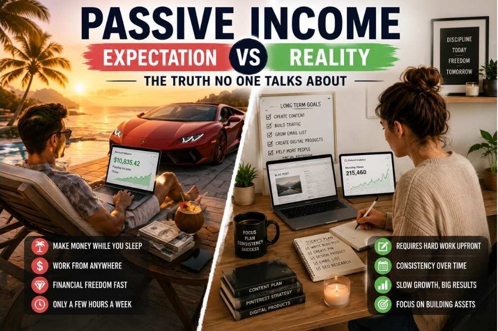 Creator building passive income through blogging Pinterest and digital products instead of chasing quick money trends