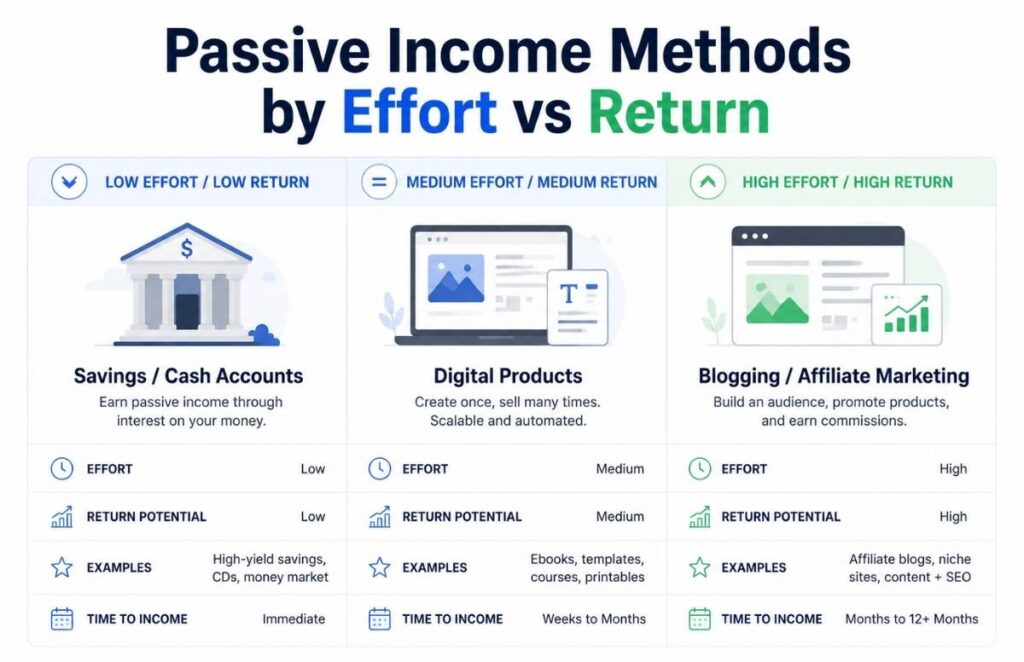 Comparison chart of passive income methods based on effort level and income potential.