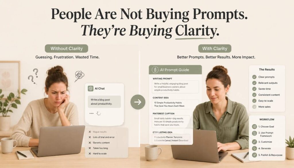Simple visual showing AI prompt guides helping creators get faster and clearer results.