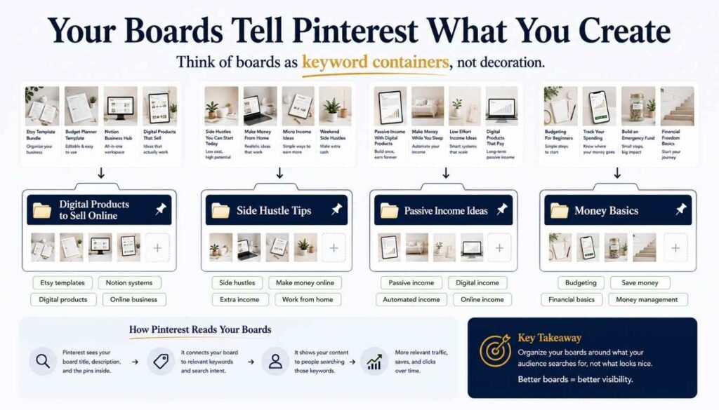 Organized Pinterest board containers labeled digital products, side hustle tips, passive income ideas, and money basics with keyword tags flowing into each board.
