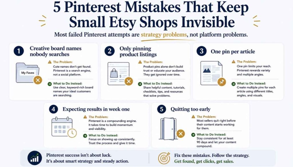 Checklist infographic showing five Pinterest mistakes small Etsy sellers make, including vague board names, only pinning listings, creating one pin per article, expecting fast results, and quitting too early.