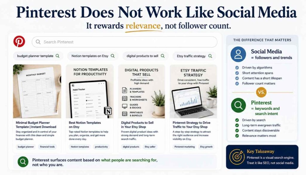 Pinterest search bar showing Etsy and digital product keywords with pin results, explaining that Pinterest works through search intent instead of followers.