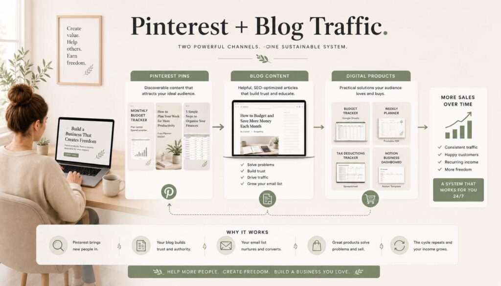 Minimal creator marketing visual showing Pinterest pins driving traffic to blog content and digital products.
