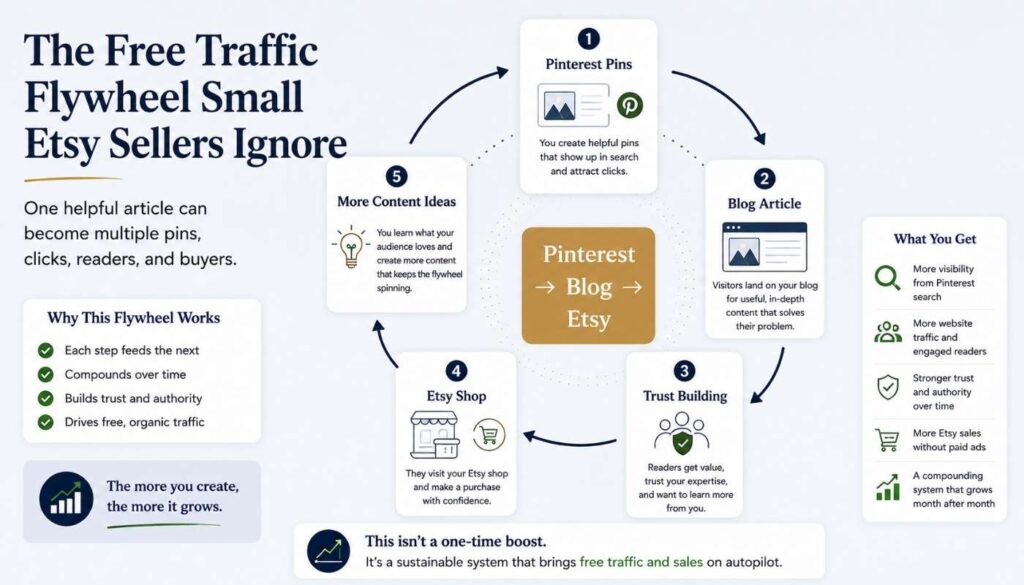 Circular flywheel diagram showing Pinterest pins driving traffic to a blog article, building trust, and sending warm visitors to an Etsy shop.