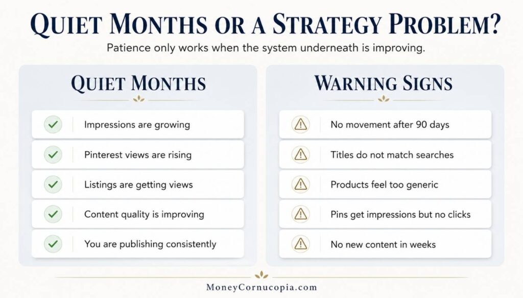 Comparison infographic showing signs that a side hustle is in the quiet months versus warning signs that the strategy needs adjusting.