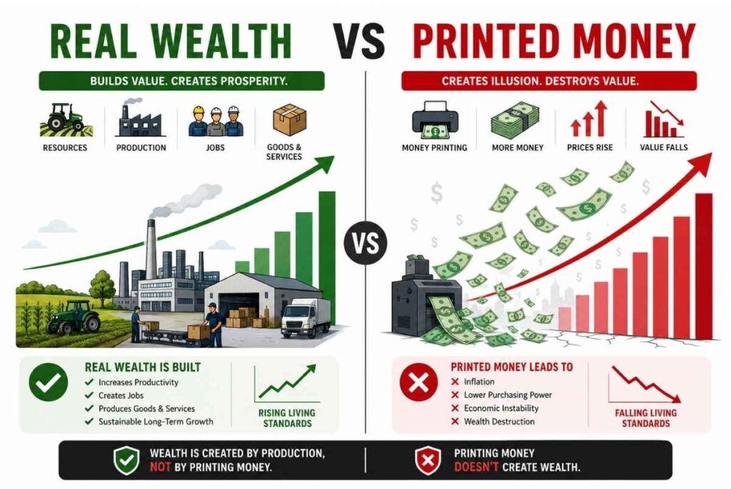 Diagram comparing real economic growth through production versus inflation caused by increasing money supply.
