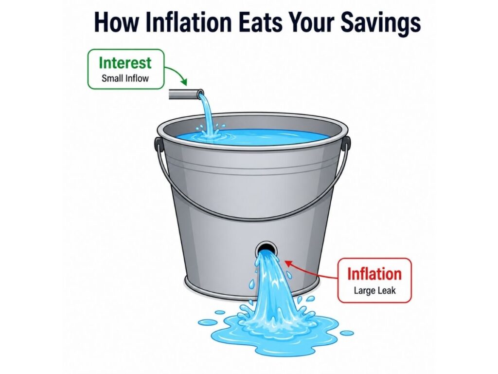 bucket analogy showing interest inflow and inflation leak causing money loss