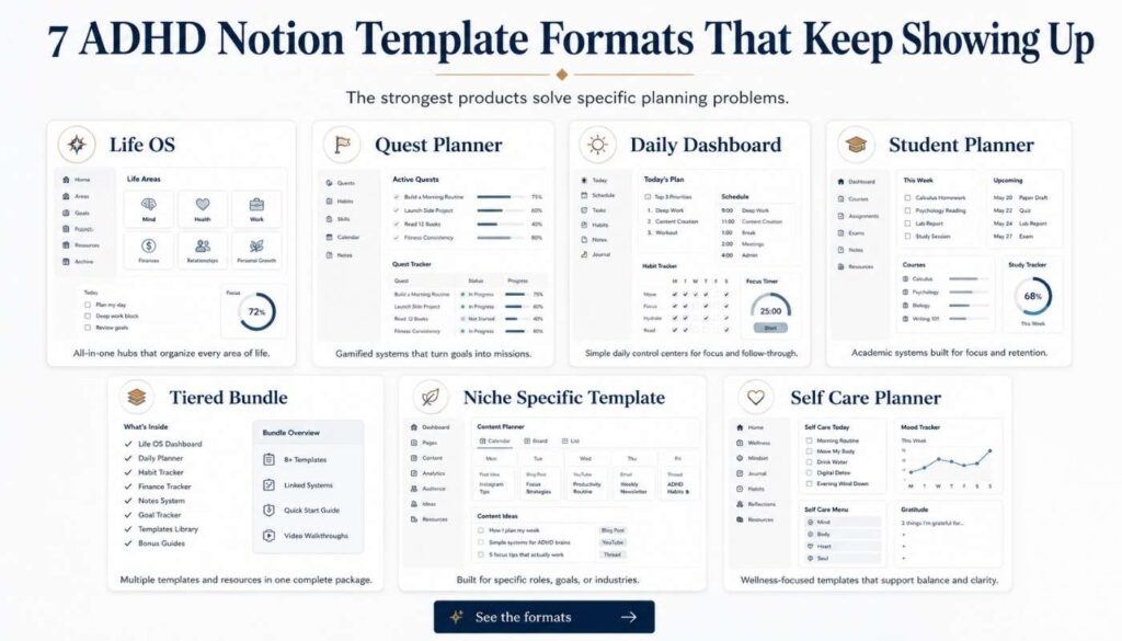 Grid of seven ADHD Notion template formats including Life OS, quest planner, daily dashboard, student planner, tiered bundle, niche template, and self care planner.