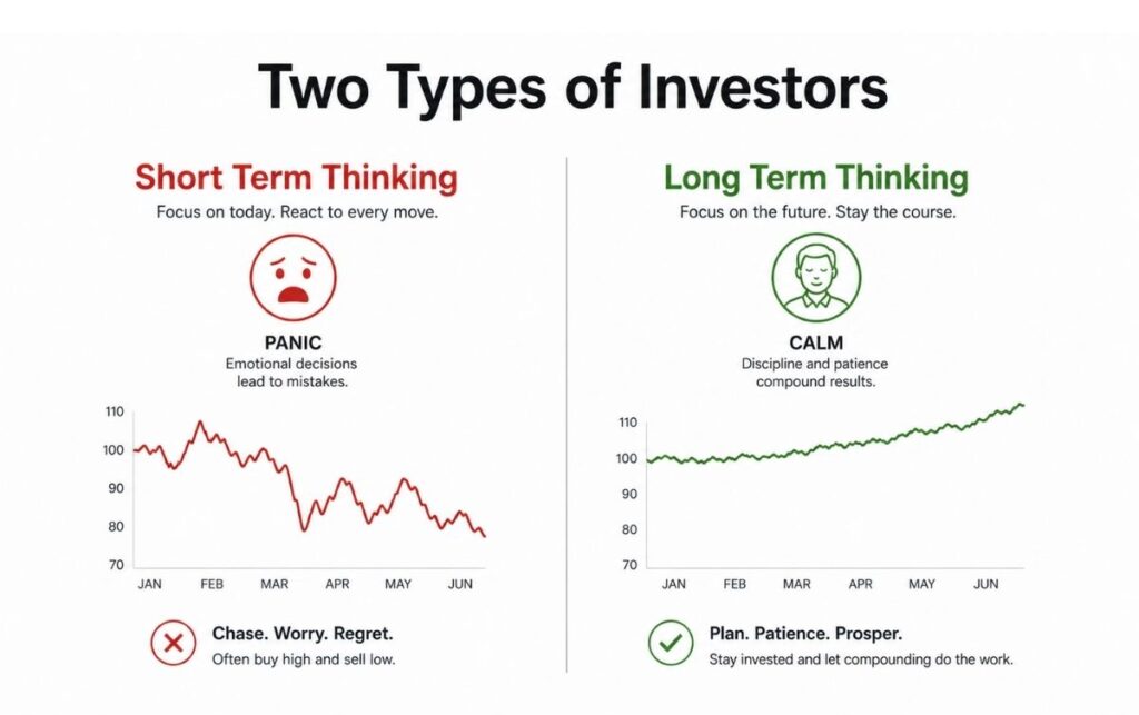 comparison between short term panic investing and long term patience investing